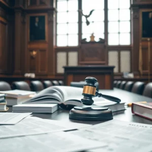 Interior of a courtroom with legal books