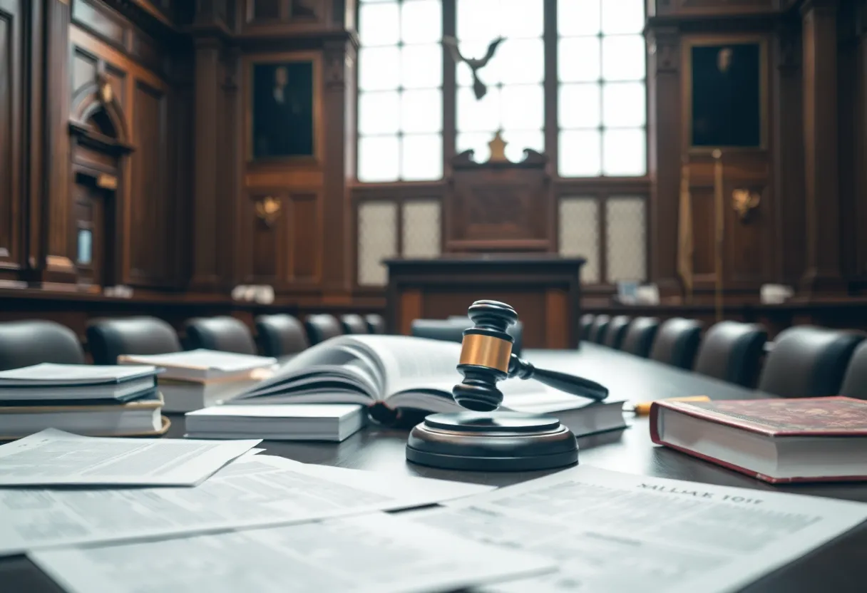 Interior of a courtroom with legal books