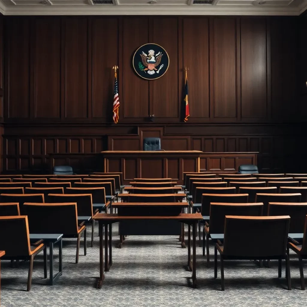 A courtroom illustrating legal battles over immigration