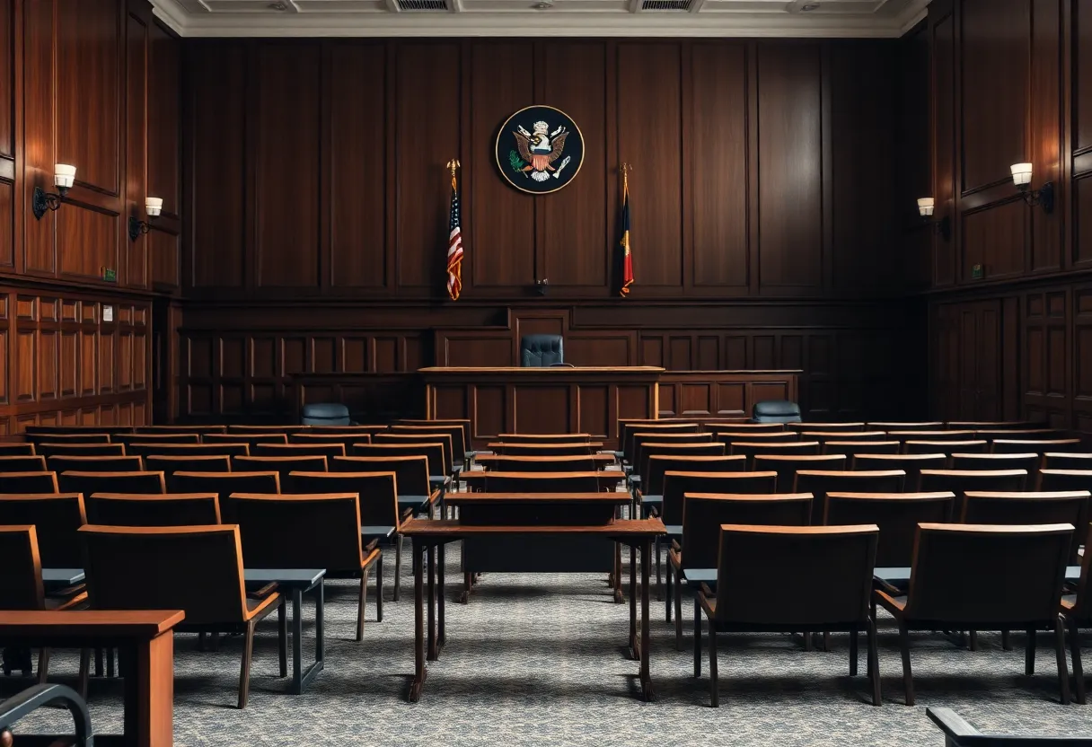 A courtroom illustrating legal battles over immigration