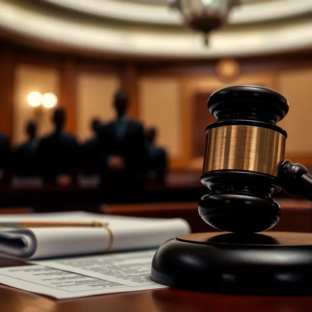 Blurred courtroom with gavel and legal documents