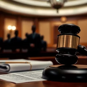 Blurred courtroom with gavel and legal documents