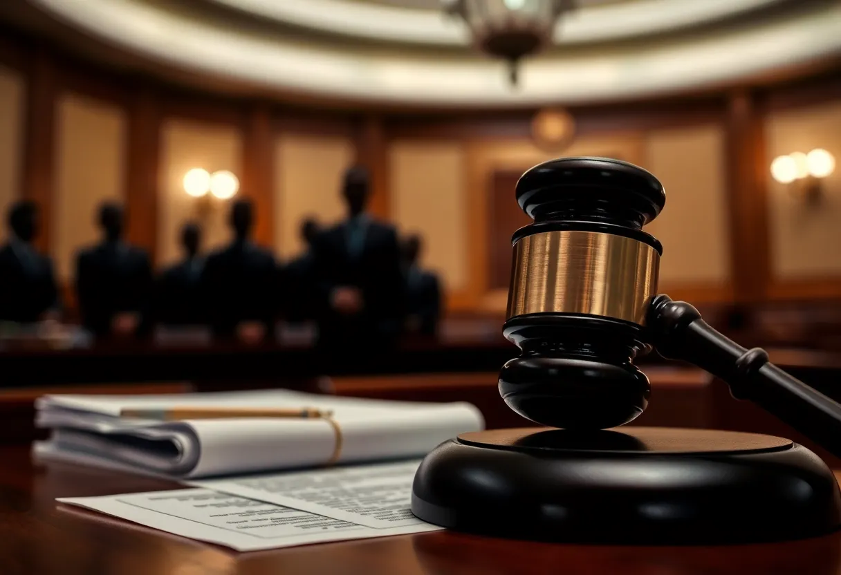 Blurred courtroom with gavel and legal documents