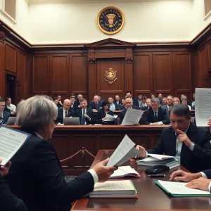 Lawyers in a courtroom addressing insurance fraud lawsuits