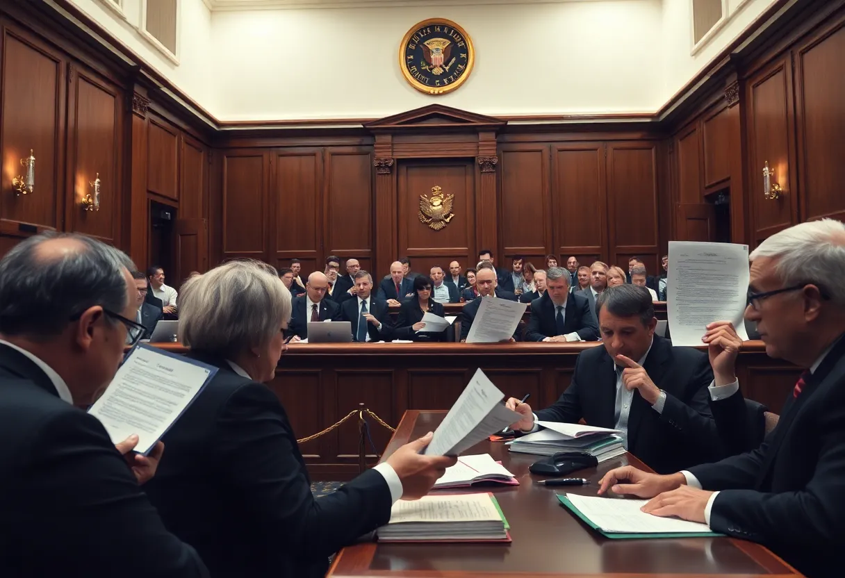 Lawyers in a courtroom addressing insurance fraud lawsuits