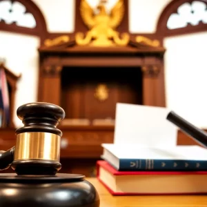 Interior of a courtroom with legal books