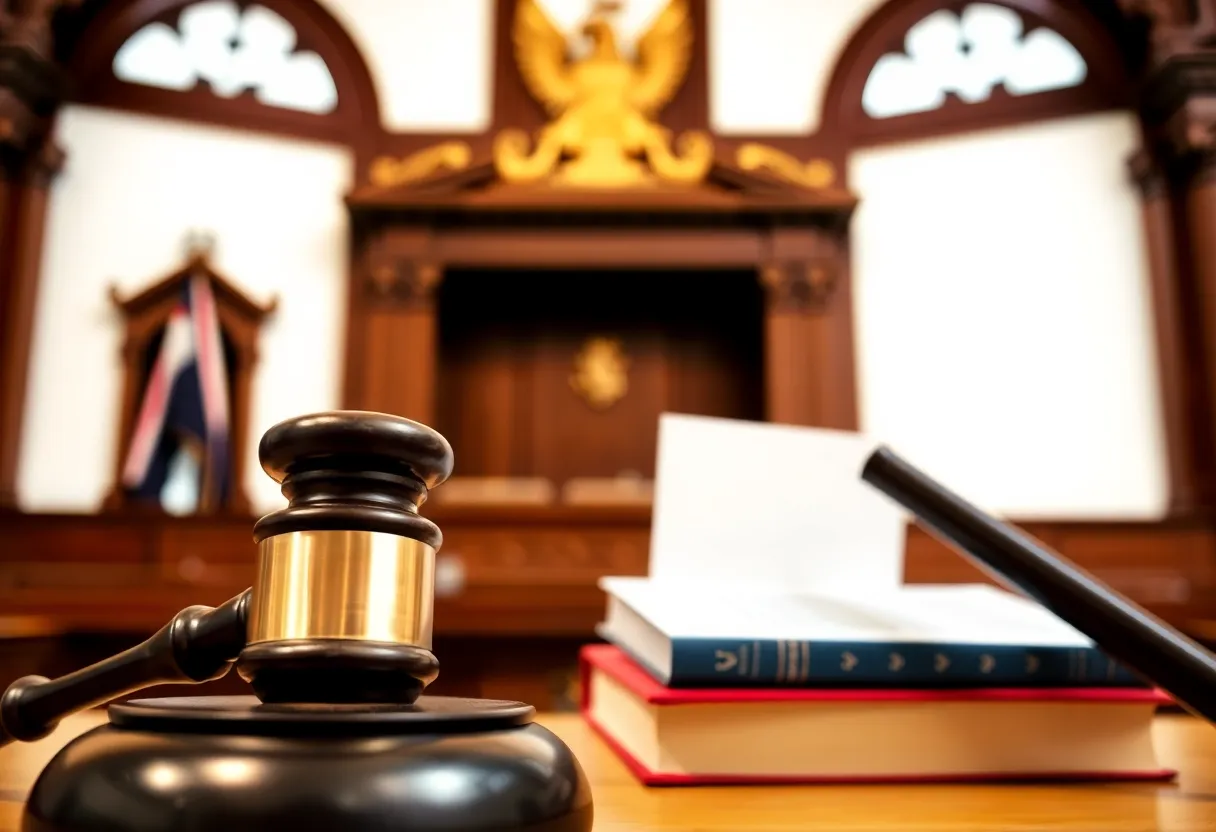 Interior of a courtroom with legal books