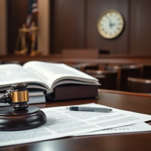 A courtroom interior showing elements of justice