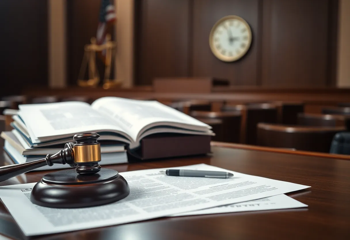 A courtroom interior showing elements of justice