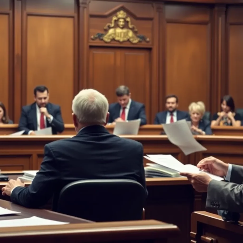 Lawyers discussing evidence in a courtroom setting