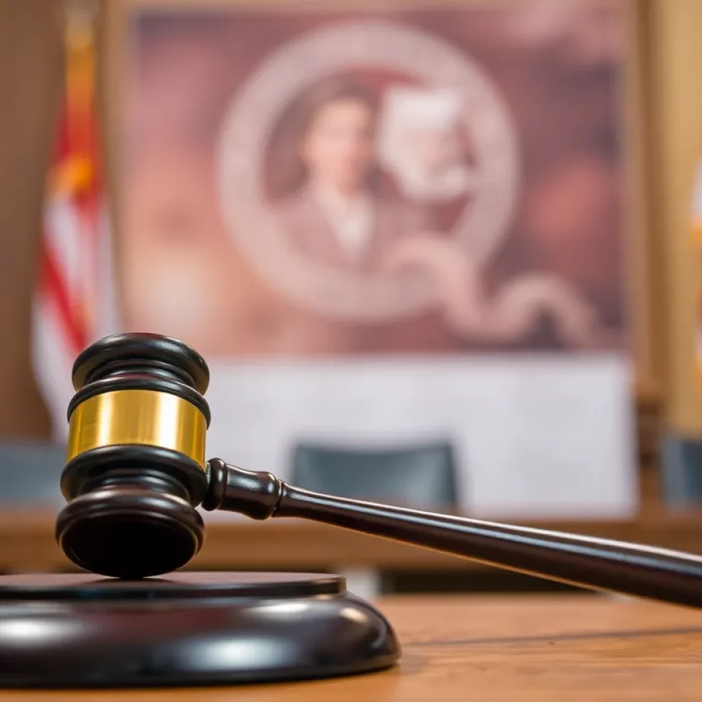 Symbolic representation of a courtroom setting with a gavel.