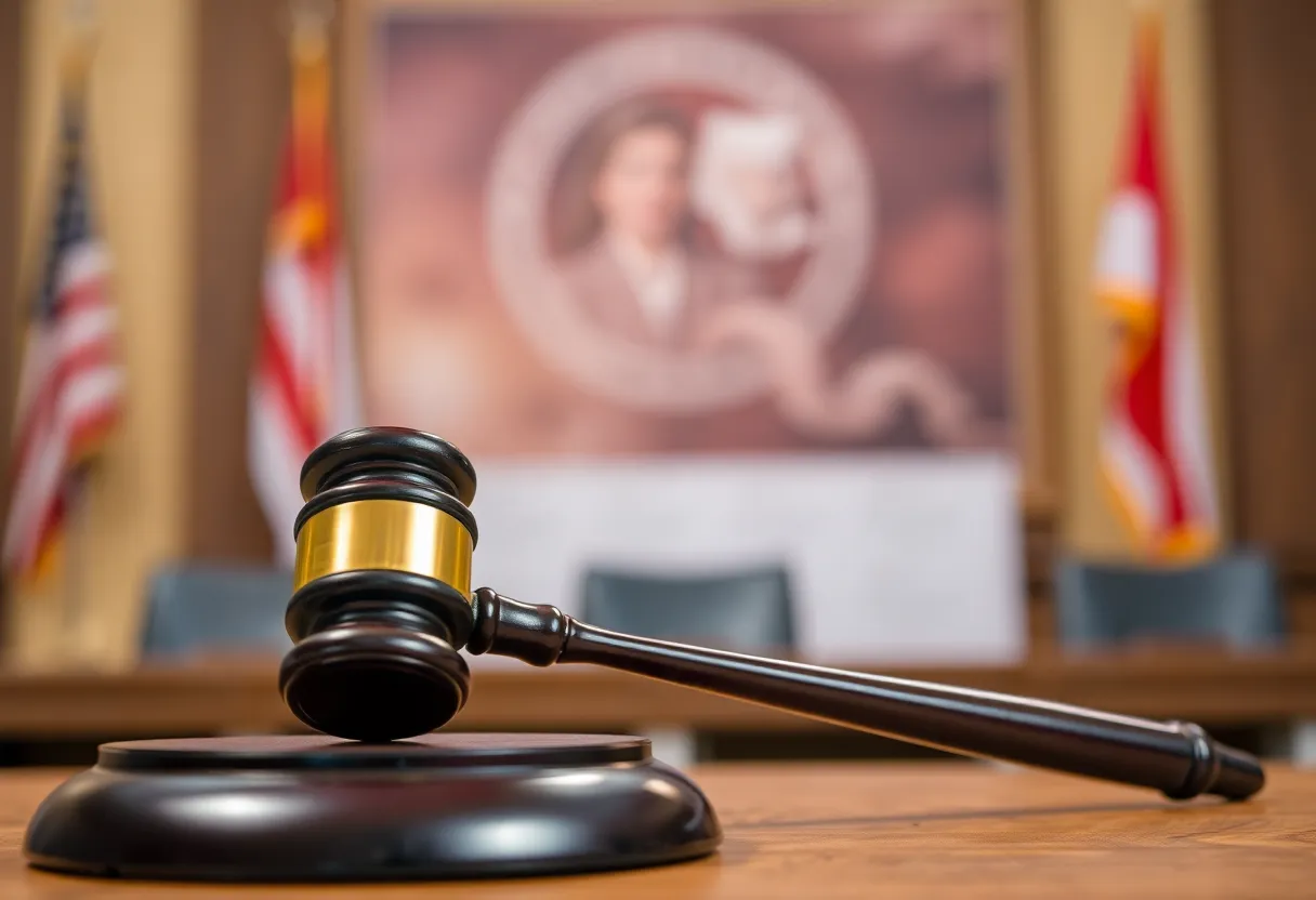 Symbolic representation of a courtroom setting with a gavel.