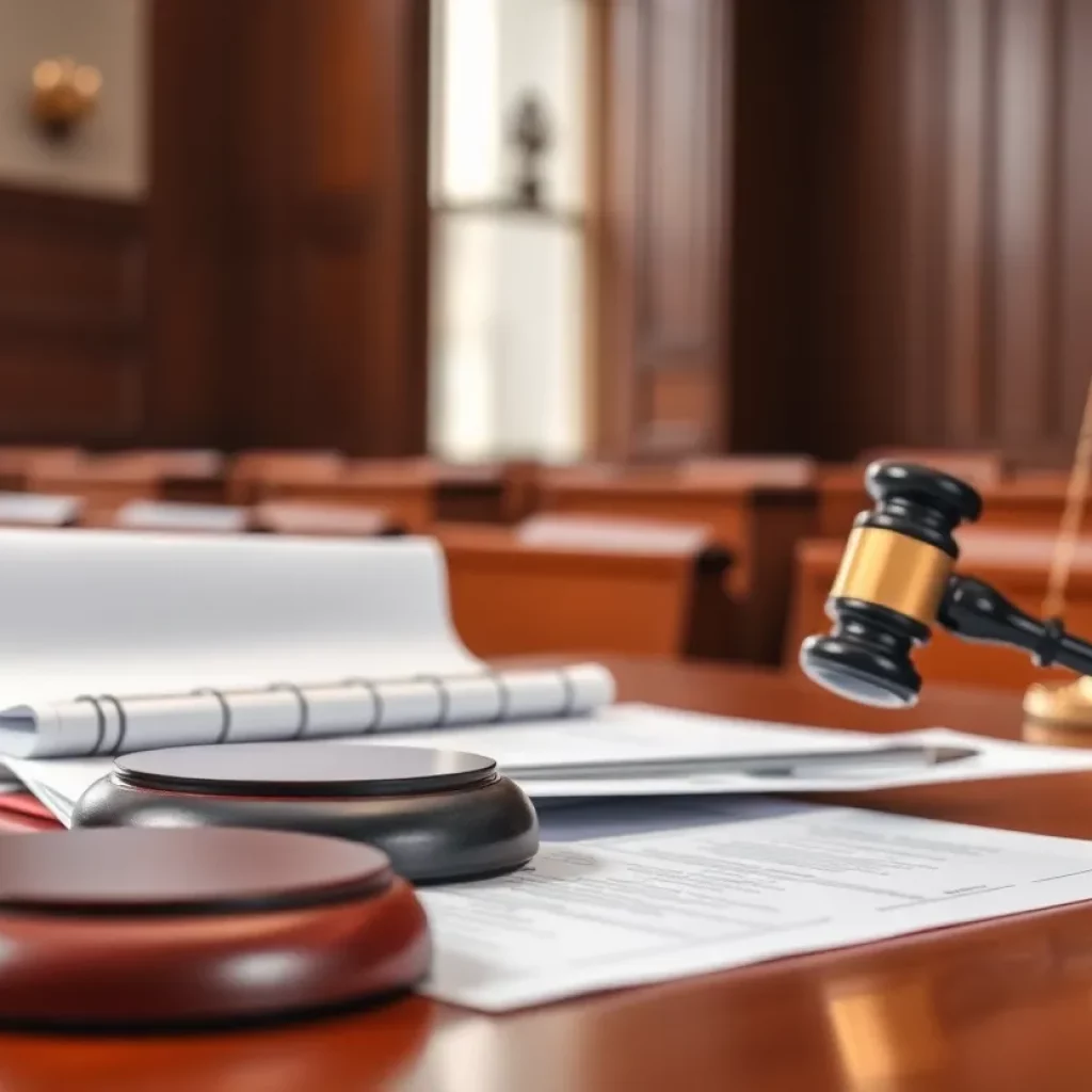 Courtroom setup with legal documents related to talcum powder lawsuits
