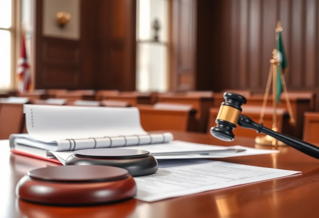 Courtroom setup with legal documents related to talcum powder lawsuits