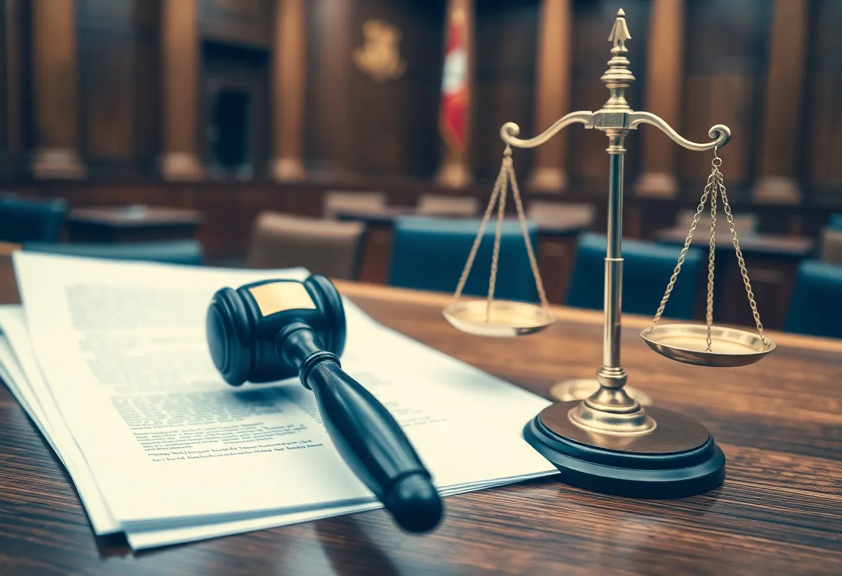 A courtroom with legal symbols representing justice and law