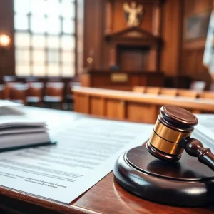 A tense courtroom environment showcasing legal documents and a gavel.