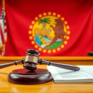 Courtroom displaying legal documents and a gavel with the Florida state flag in the background.