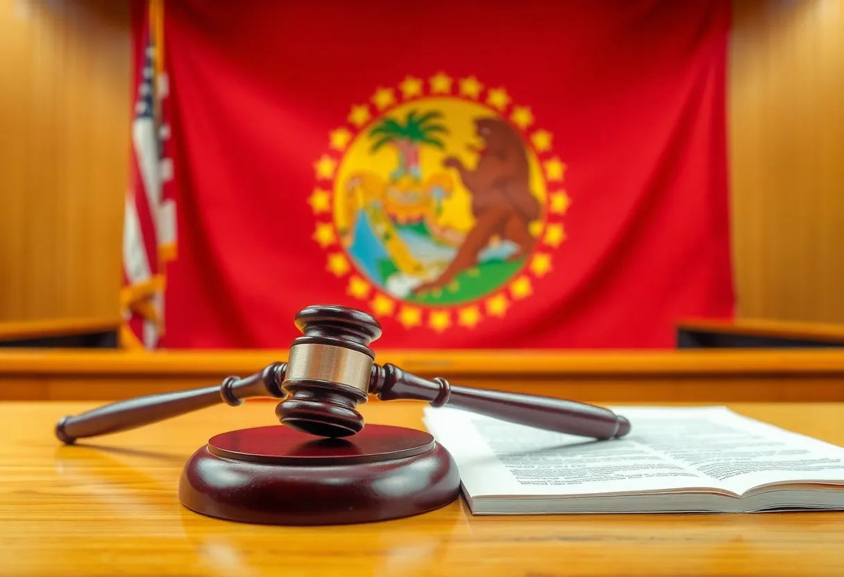 Courtroom displaying legal documents and a gavel with the Florida state flag in the background.