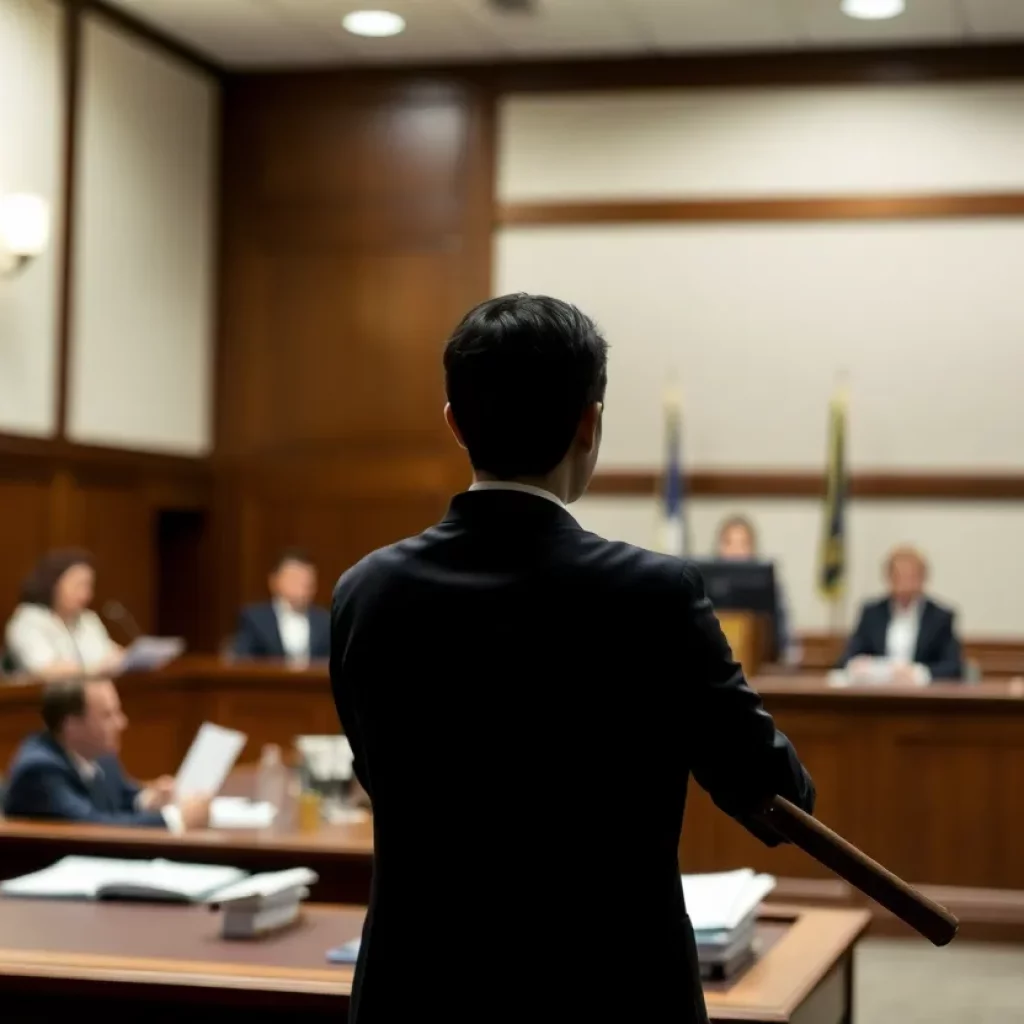 Professional courtroom with emphasis on legal advocacy