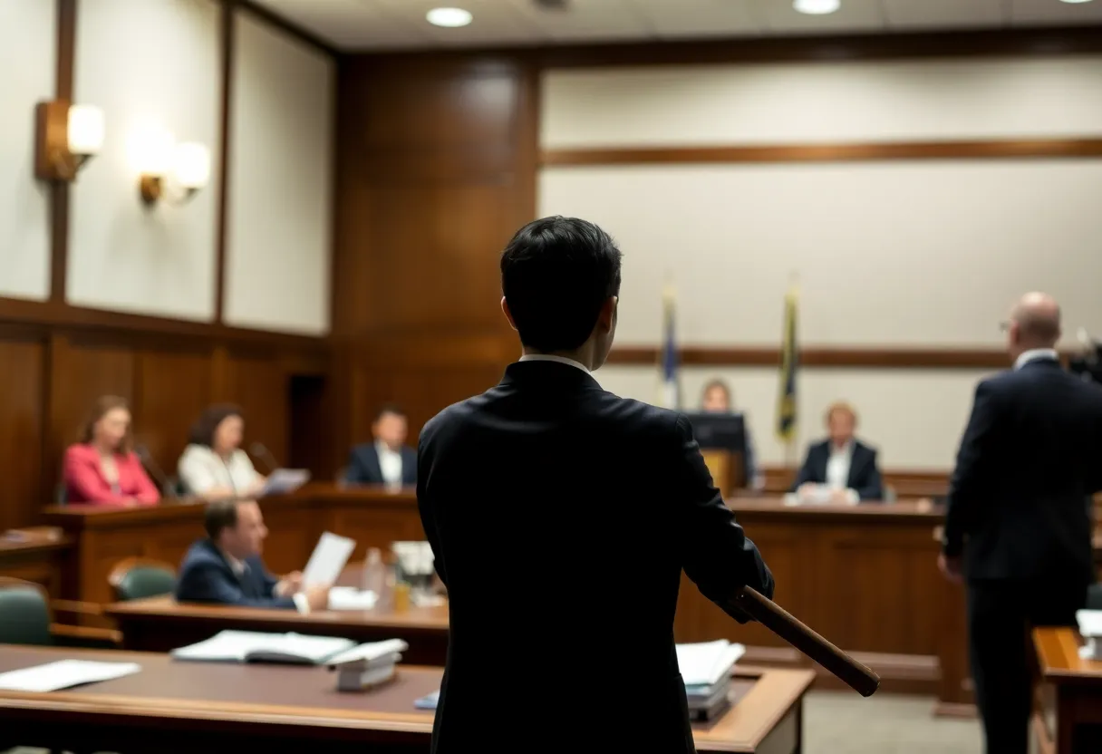 Professional courtroom with emphasis on legal advocacy