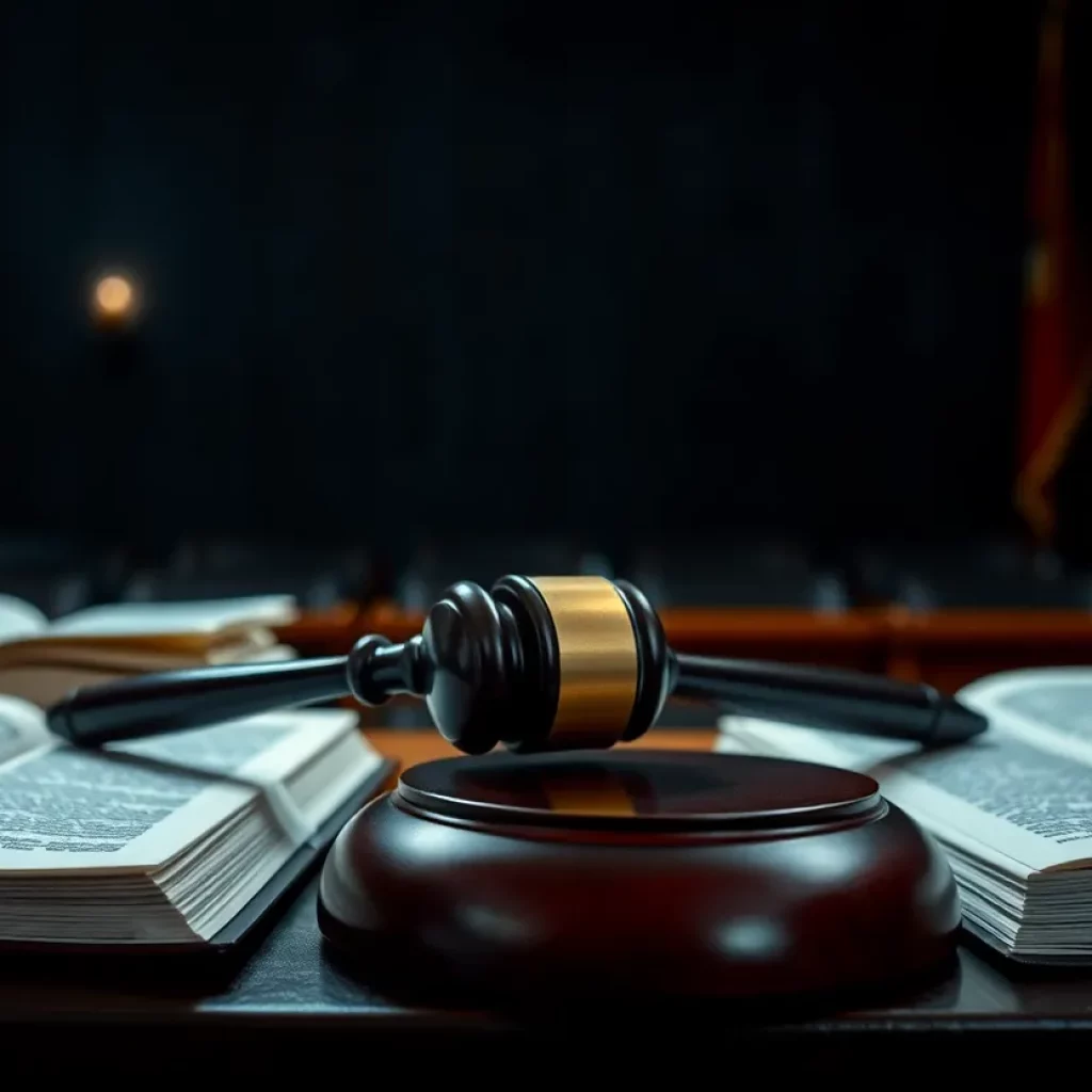 A dramatic courtroom scene depicting a legal trial.