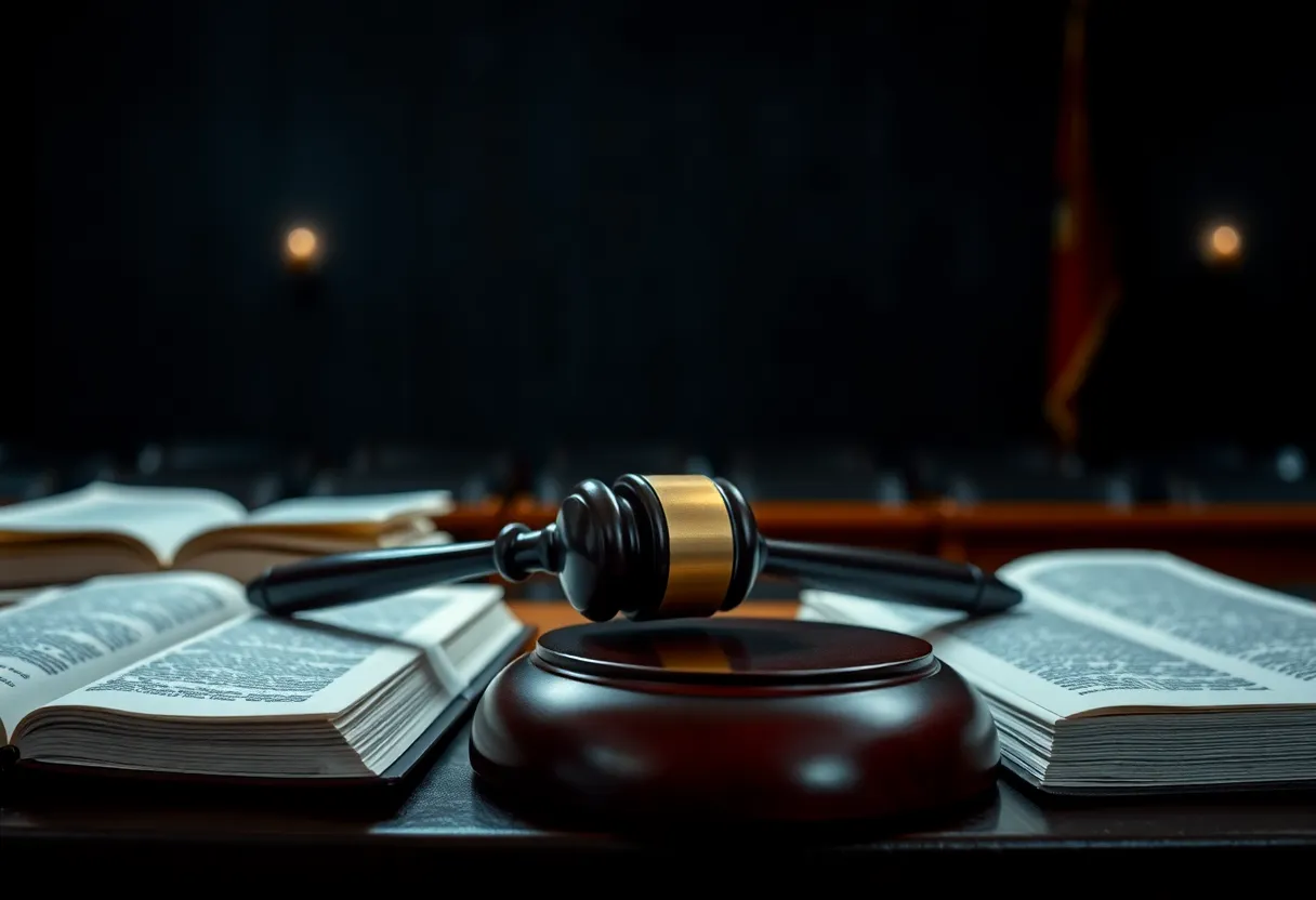 A dramatic courtroom scene depicting a legal trial.