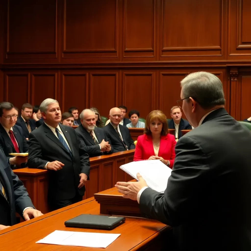 A courtroom filled with spectators and legal representatives during a serious trial.