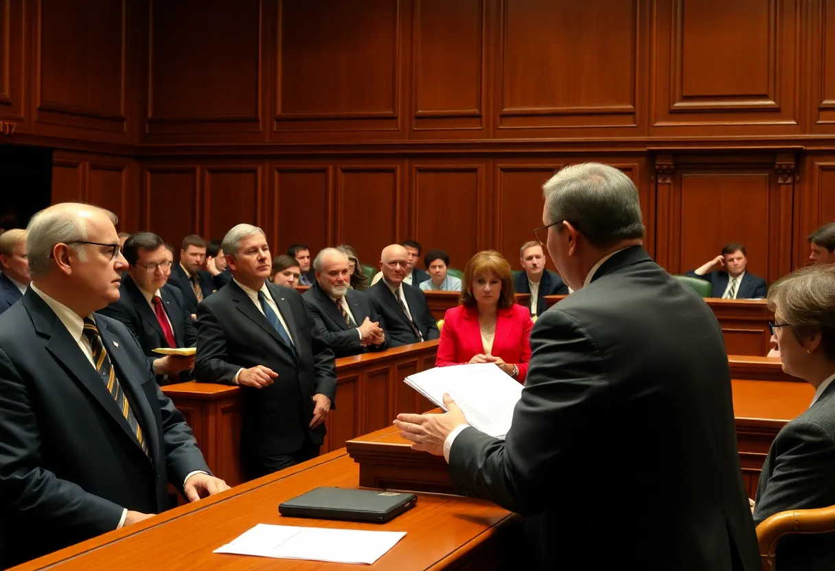 A courtroom filled with spectators and legal representatives during a serious trial.