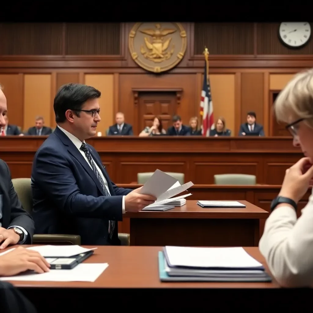 A courtroom filled with legal documents and attorneys discussing.
