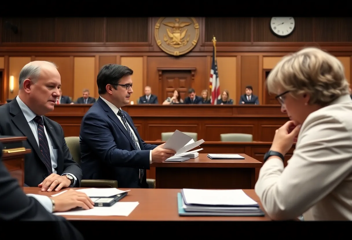 A courtroom filled with legal documents and attorneys discussing.
