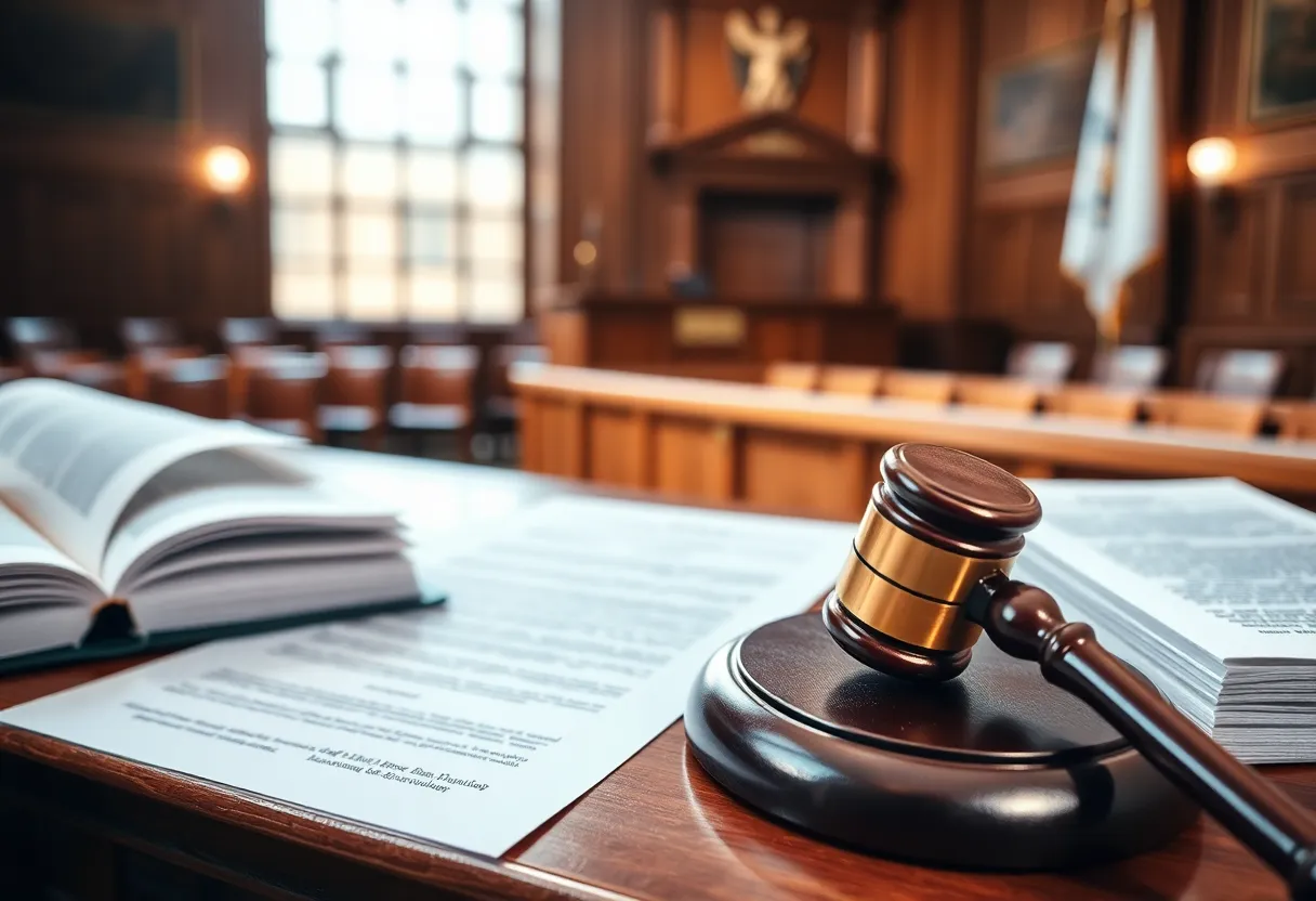 A tense courtroom environment showcasing legal documents and a gavel.