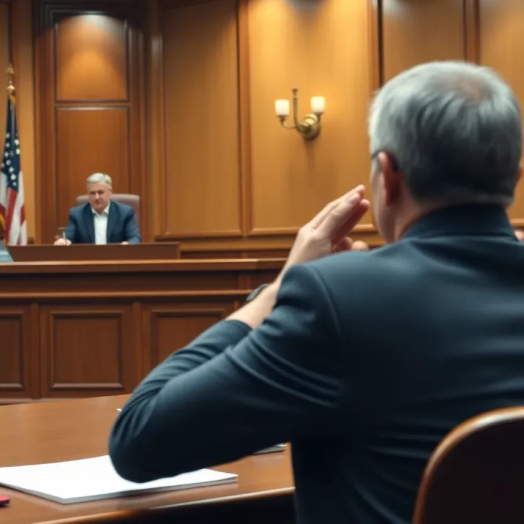 Illustration of a courtroom with a judge and lawyer in a tense discussion about disability rights.