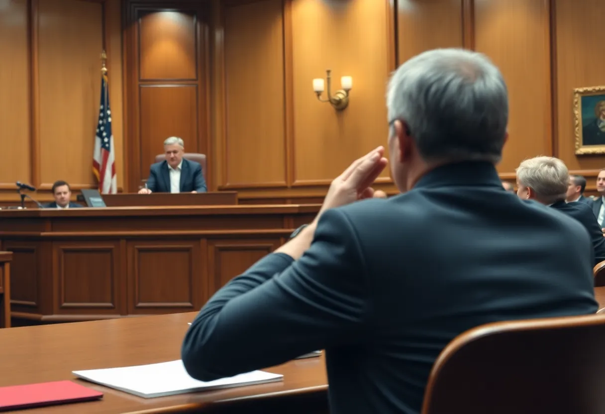 Illustration of a courtroom with a judge and lawyer in a tense discussion about disability rights.