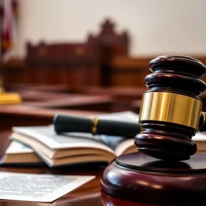 A gavel and legal books in a courtroom setting