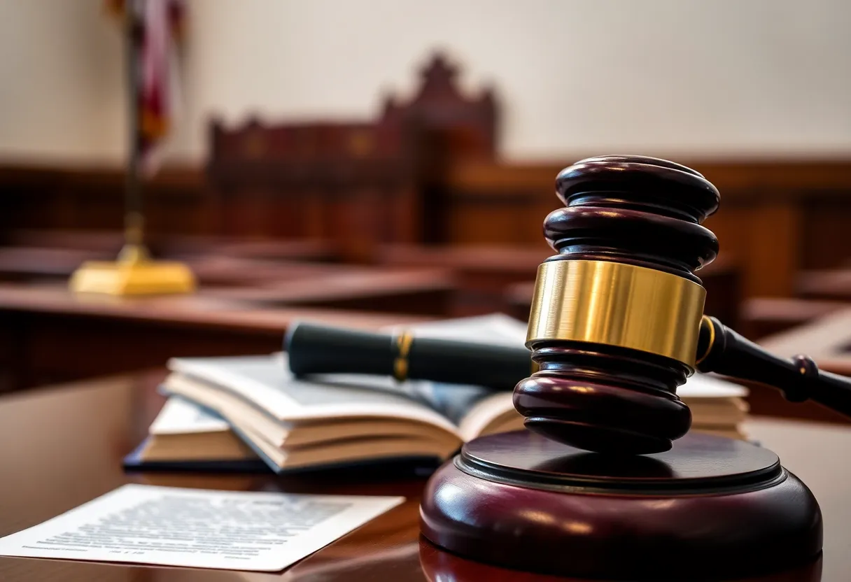 A gavel and legal books in a courtroom setting