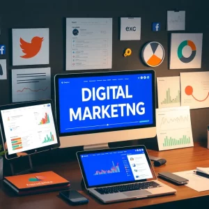 Workspace featuring various digital marketing tools and platforms