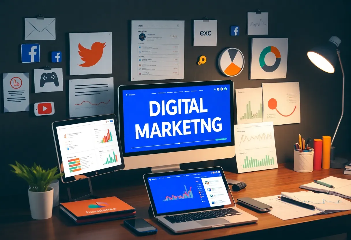 Workspace featuring various digital marketing tools and platforms