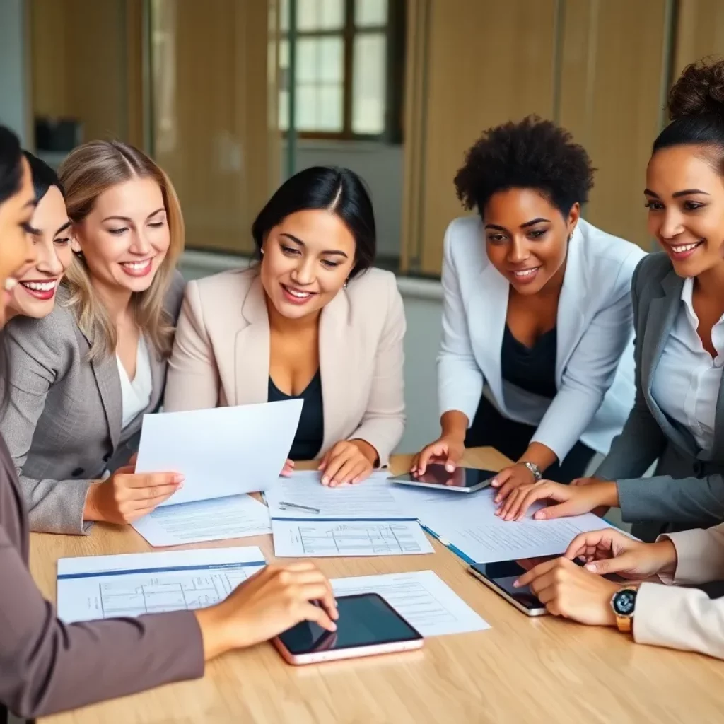Diverse female lawyers discussing legal documents in an office