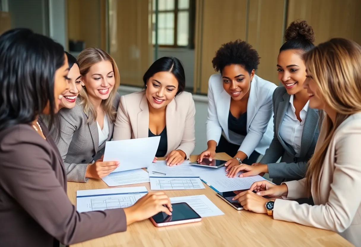 Diverse female lawyers discussing legal documents in an office