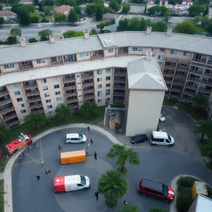 Aerial view of Dockside Condominiums during evacuation