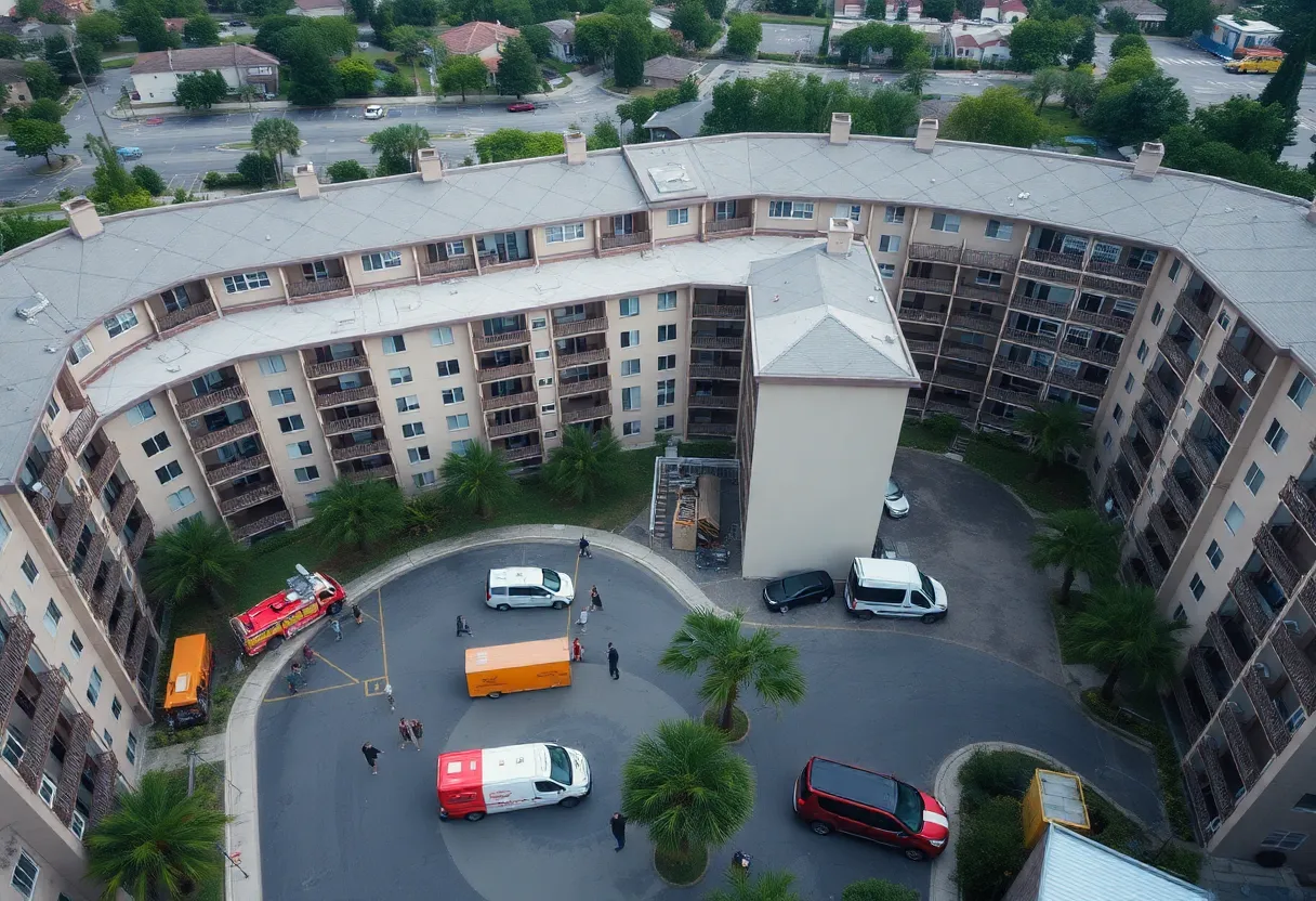 Aerial view of Dockside Condominiums during evacuation