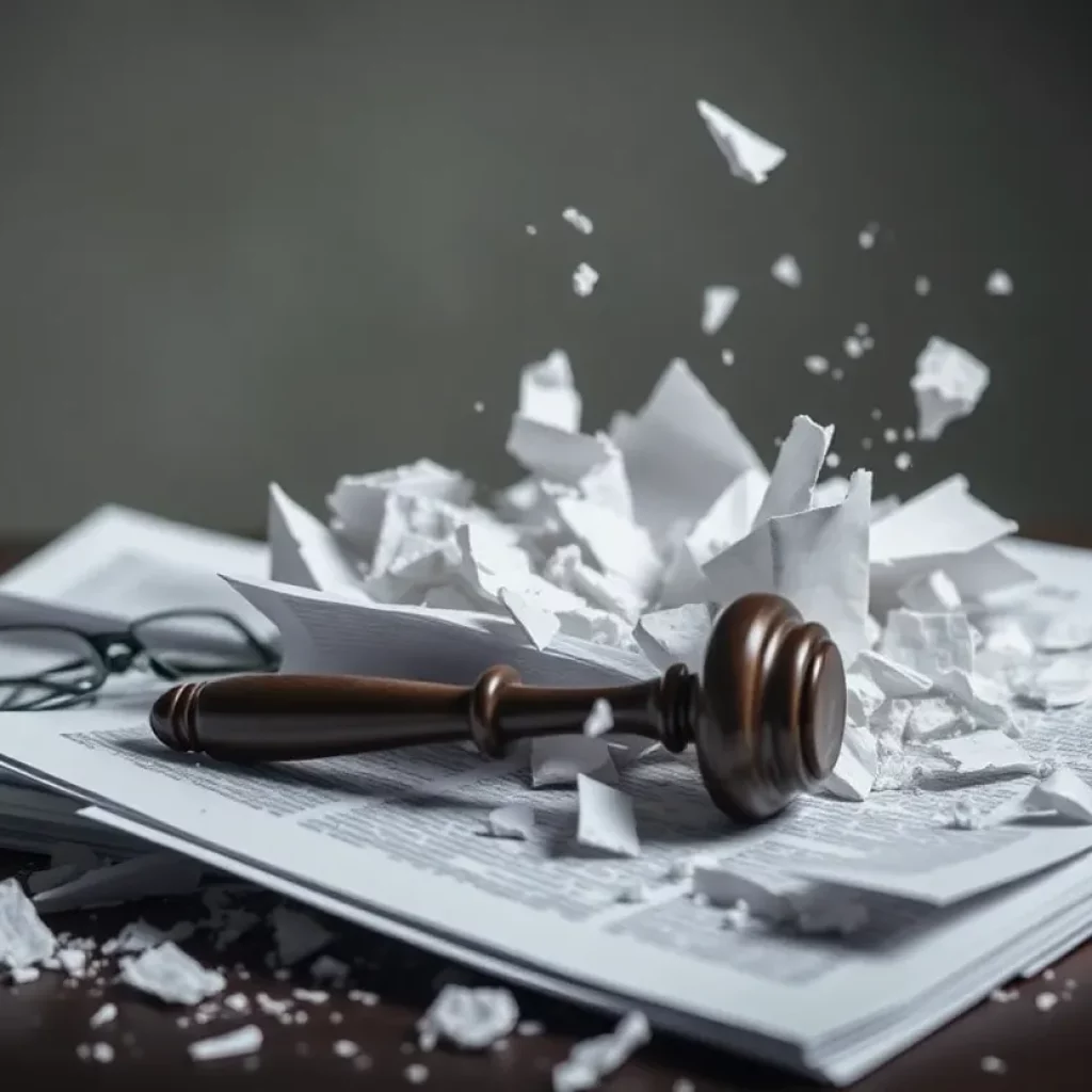 Conceptual image depicting the destruction of legal documents related to asbestos litigation.