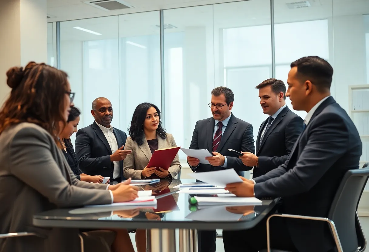A collaborative meeting of attorneys in a law office.