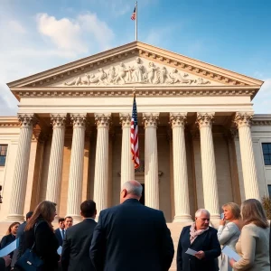 Federal courthouse with American flag and lawyers discussing