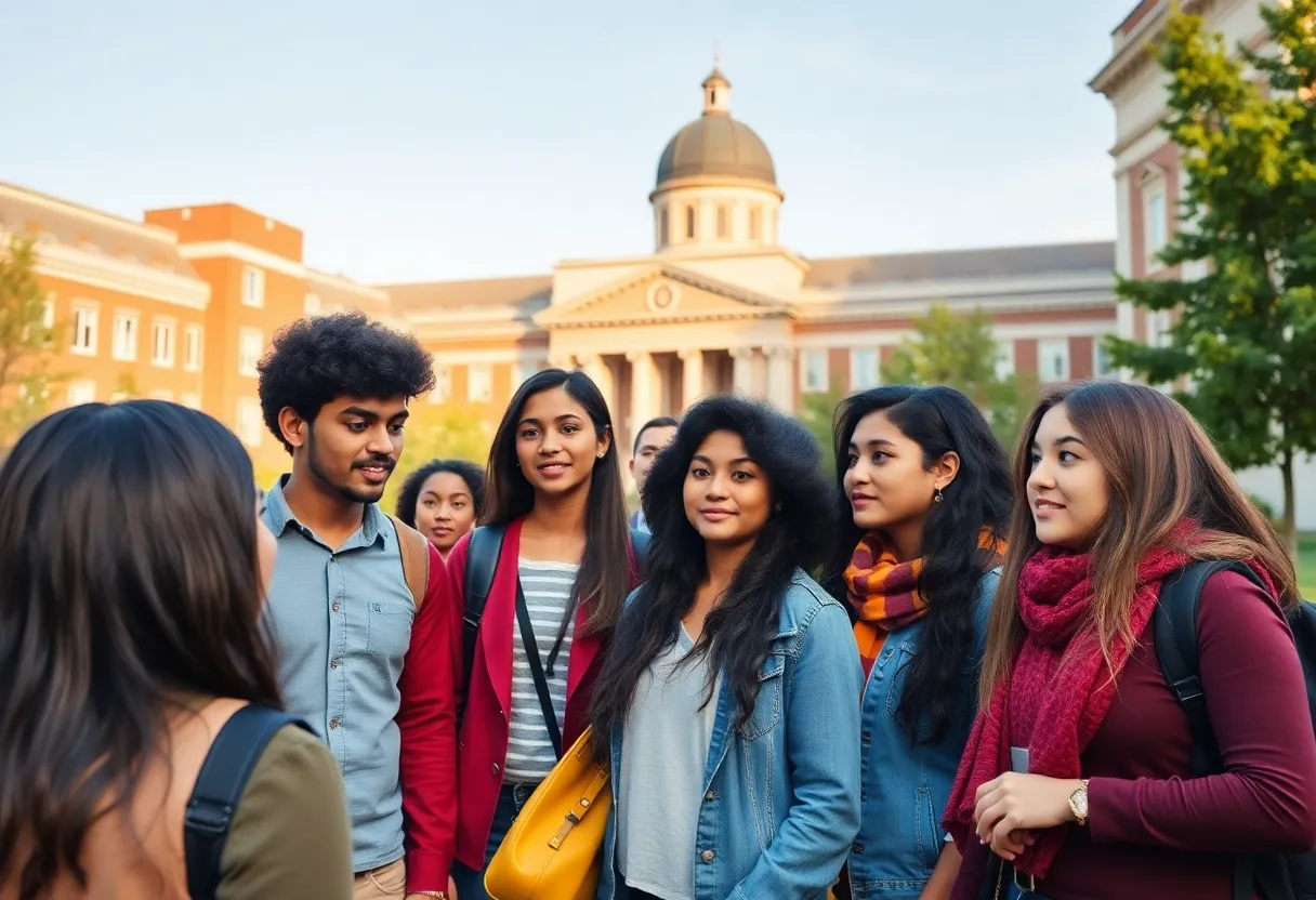 International students discussing immigration issues in front of a university.