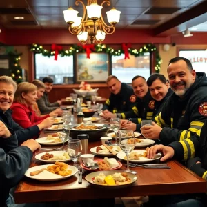 Firefighters enjoying a meal at El Jefe Restaurant during the appreciation event