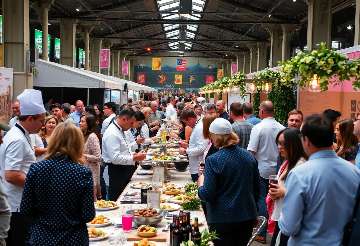 Attendees enjoying the Food & Wine Classic with various food and wine offerings.