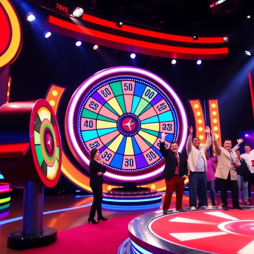 Colorful game show set with spinning wheel and contestants