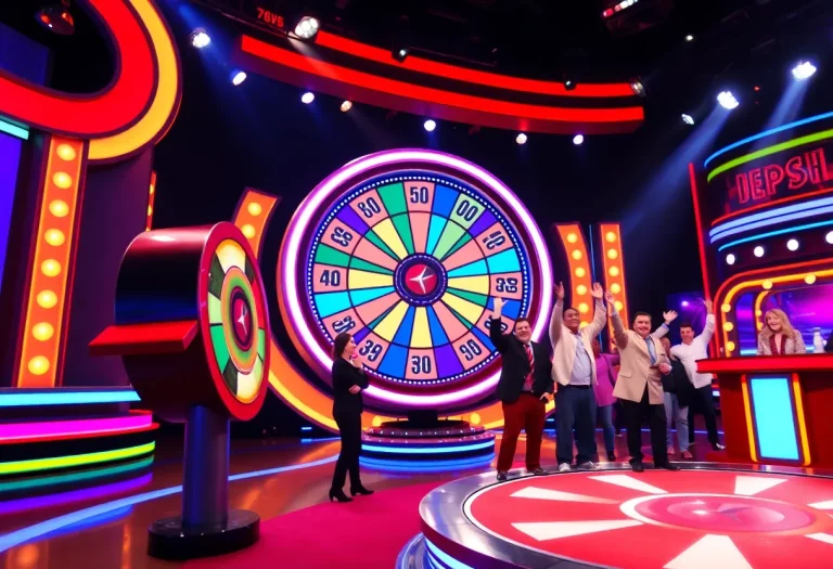 Colorful game show set with spinning wheel and contestants