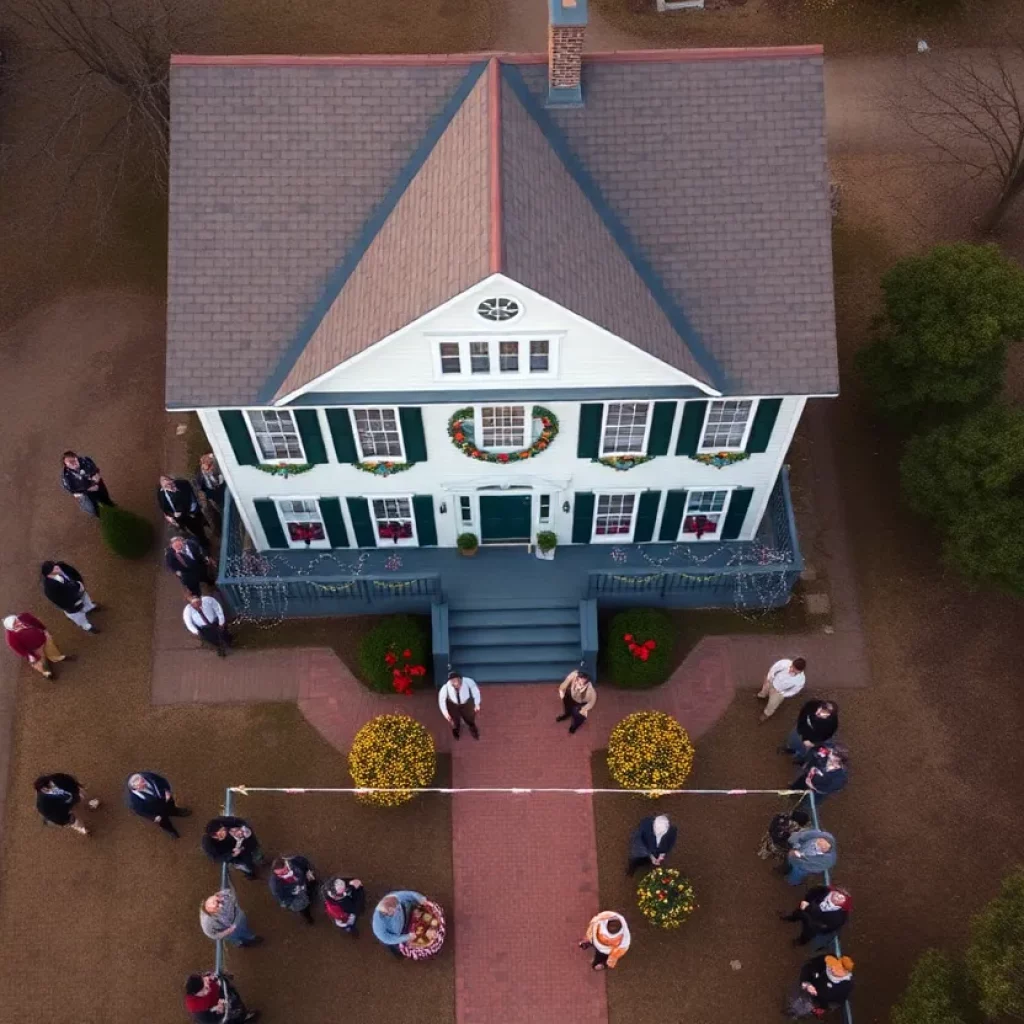Reenactors celebrating George Washington's visit in Charleston with a historic house in the background.